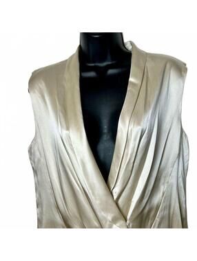 J Mendel Paris 100% Silk Ruffle Pleated Shawl Neck Sleeveless Blouse Ivory 10 L